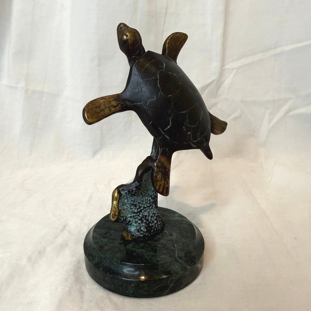 SPI San Pacific Intl Sea Turtle Brass Sculpture Figurine Green Marble Base